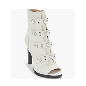 KARL LAGERFELD White Embellished Brayden Round Toe Stiletto Leather Booties NWT